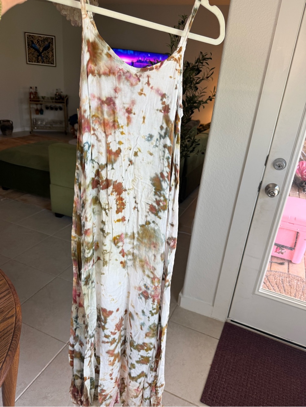 Tie-Dye Maxi Slip Dress in White with Earth Tones
